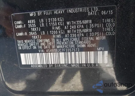 2015 Subaru Outback 2.5I Limited z USA, uszkodzony, nr VIN 4S4BSBJC7F3357573